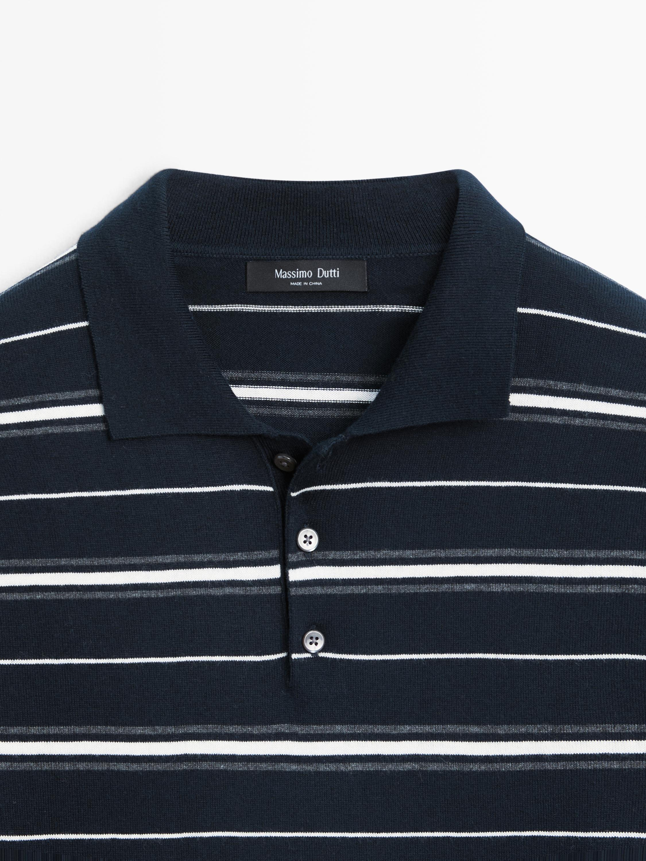 Cotton blend striped knit polo sweater